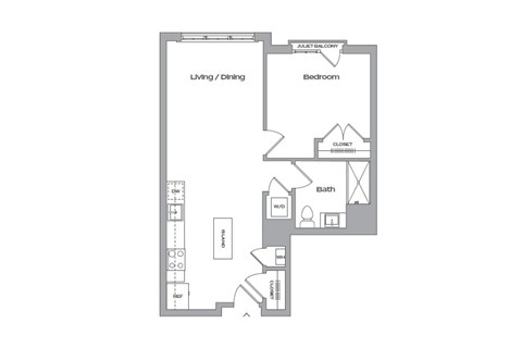 A floor plan of a bedroom with a separate living/dining area.